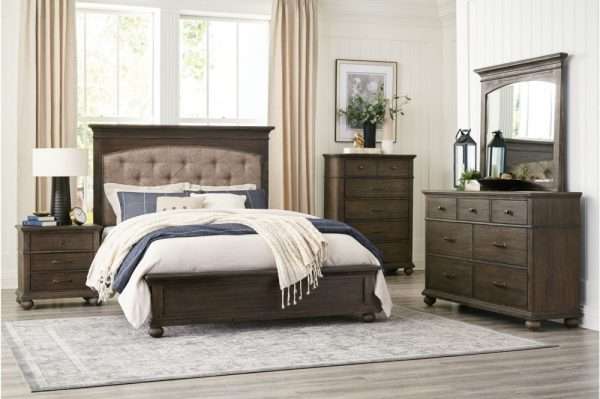 Bedroom Set with Brown Fabric Headboard