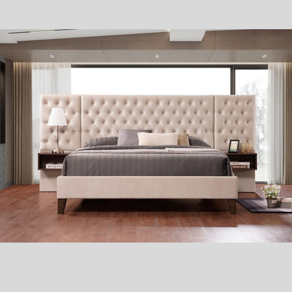 Beige Platform Bed With Floating Wooden Night Stands